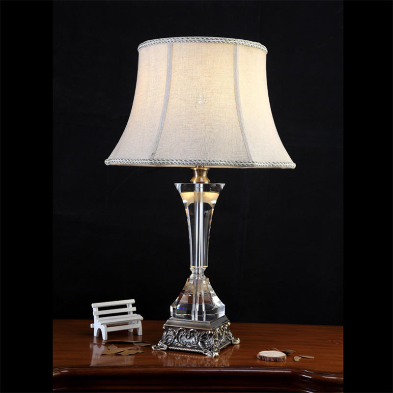 Flared Fabric Desk Lamp Modern 1 Head Grey Table Light with Sculpted Metallic Base