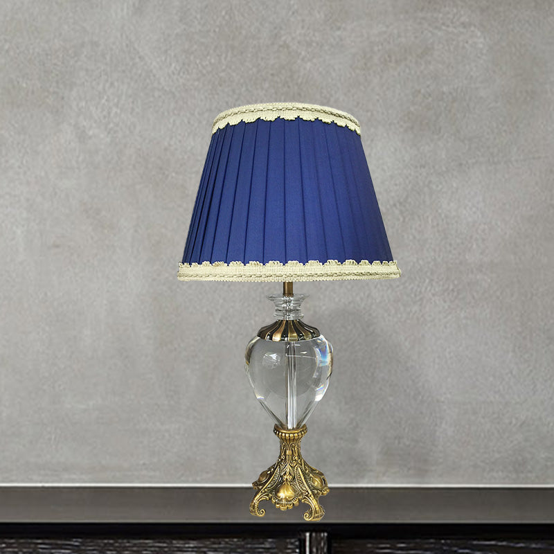 Cone Study Lamp Modern Fabric 1 Bulb Blue Table Light, Sculpted Brass Metallic Base