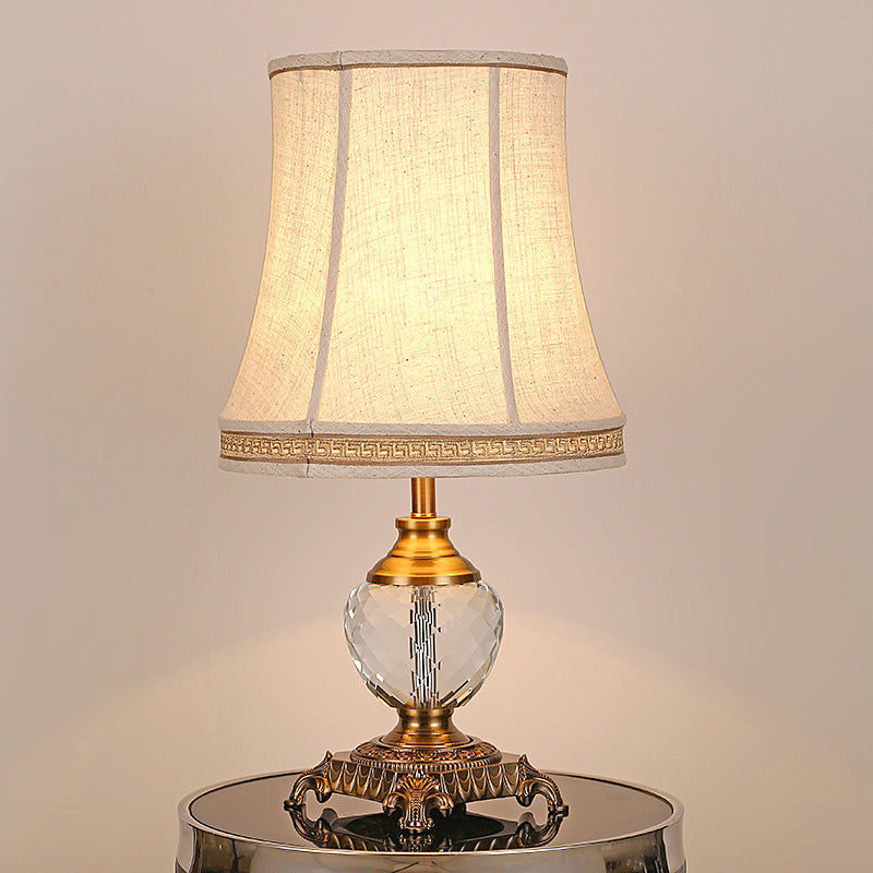 Bell Fabric Table Lamp Modern 1 Head Beige Desk Light, Carved Bronze Metallic Base