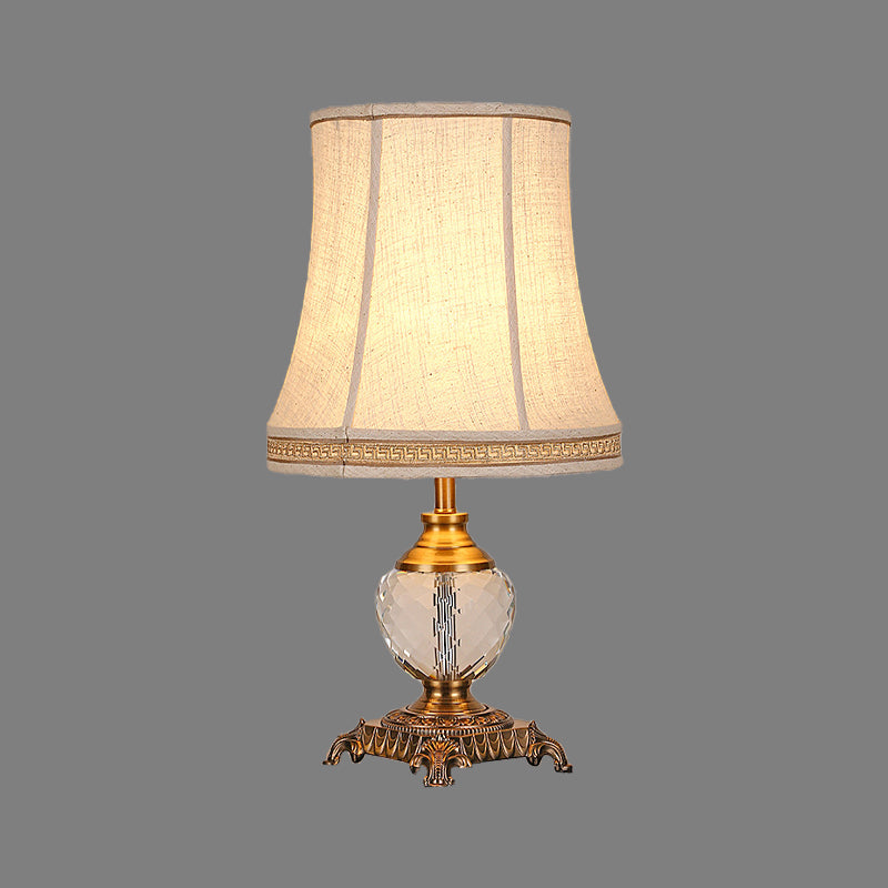 Bell Fabric Table Lamp Modern 1 Head Beige Desk Light, Carved Bronze Metallic Base