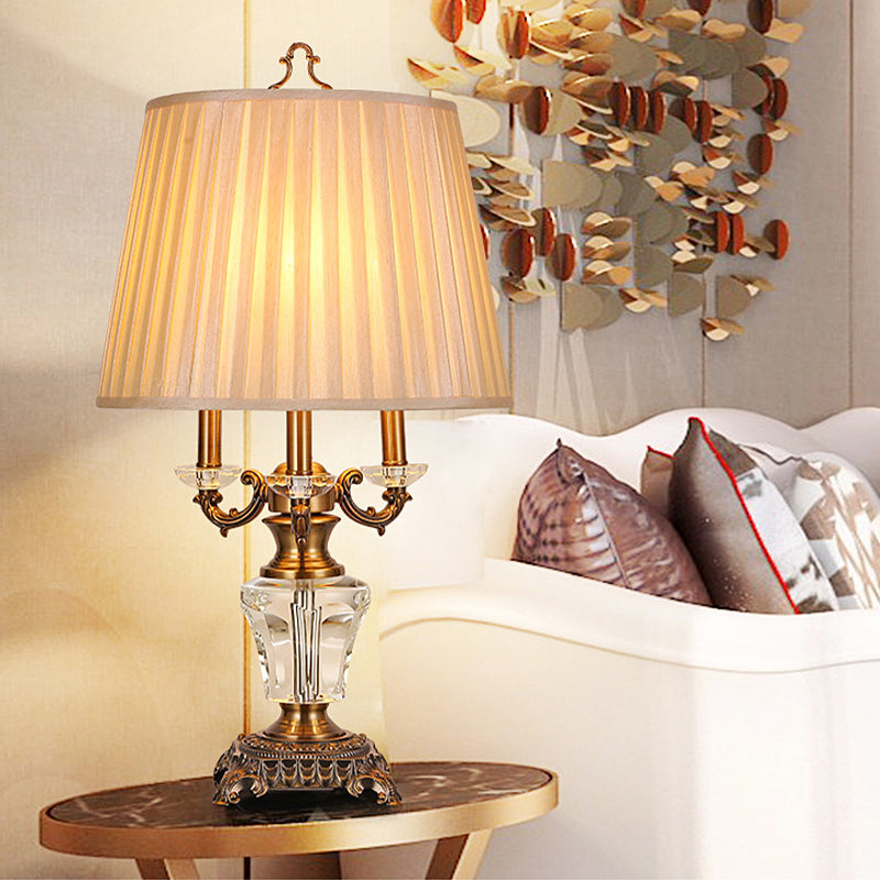 Fabric Pleated Desk Lamp Modern 1 Bulb Beige Table Light, Sculpted Bronze Metal Base