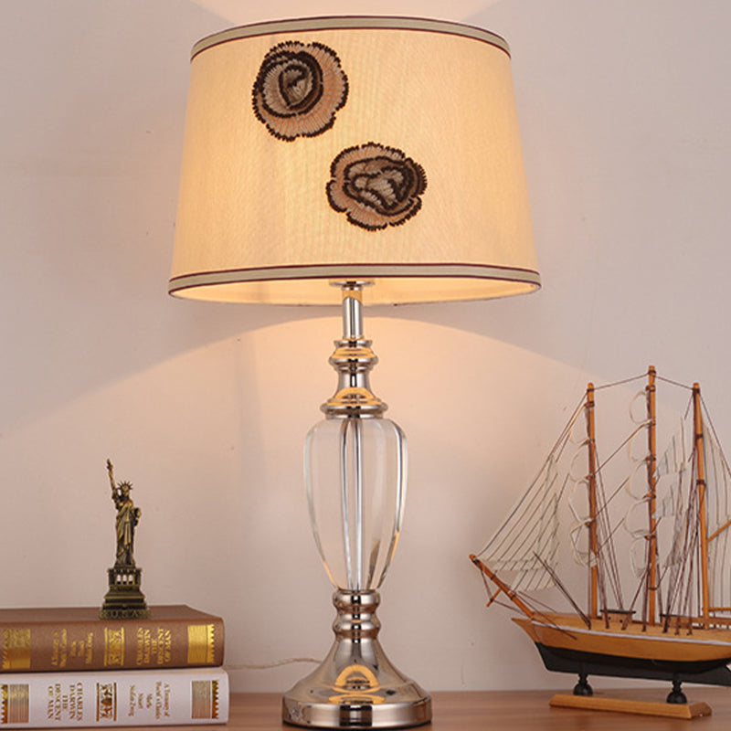 1 Head Bedroom Desk Light Modern Beige Night Table Lamp with Barrel Fabric Shade