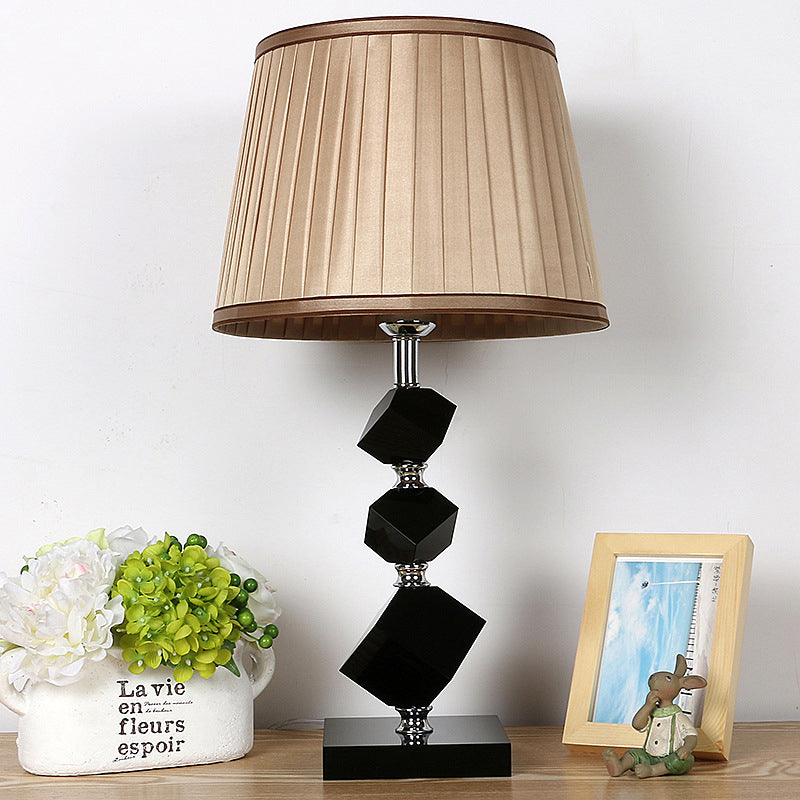 Contemporary Pleated Lampshade Table Lighting Black Faceted Crystal 1 Head Living Room Night Lamp in Light Brown