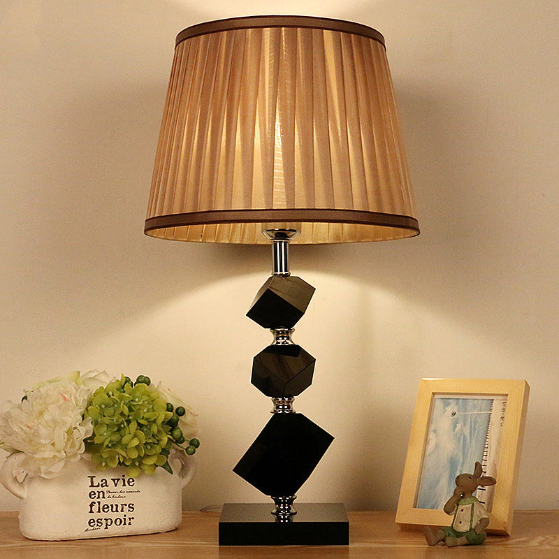 Contemporary Pleated Lampshade Table Lighting Black Faceted Crystal 1 Head Living Room Night Lamp in Light Brown