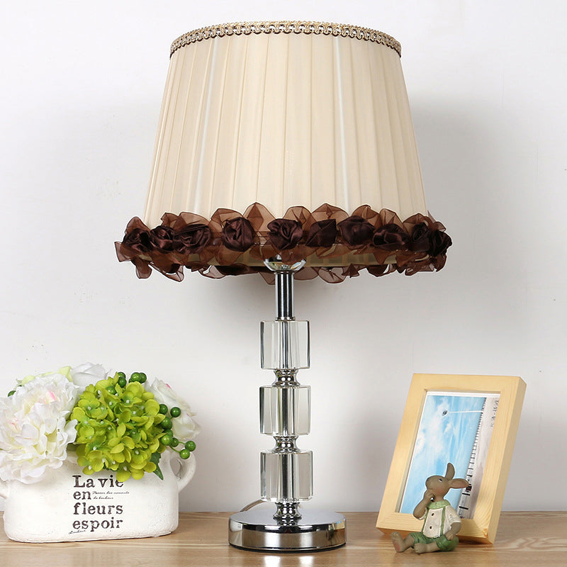 Beveled Crystal Barrel Nightstand Light Minimalism 1 Bulb Beige Table Lamp with Braided Trim