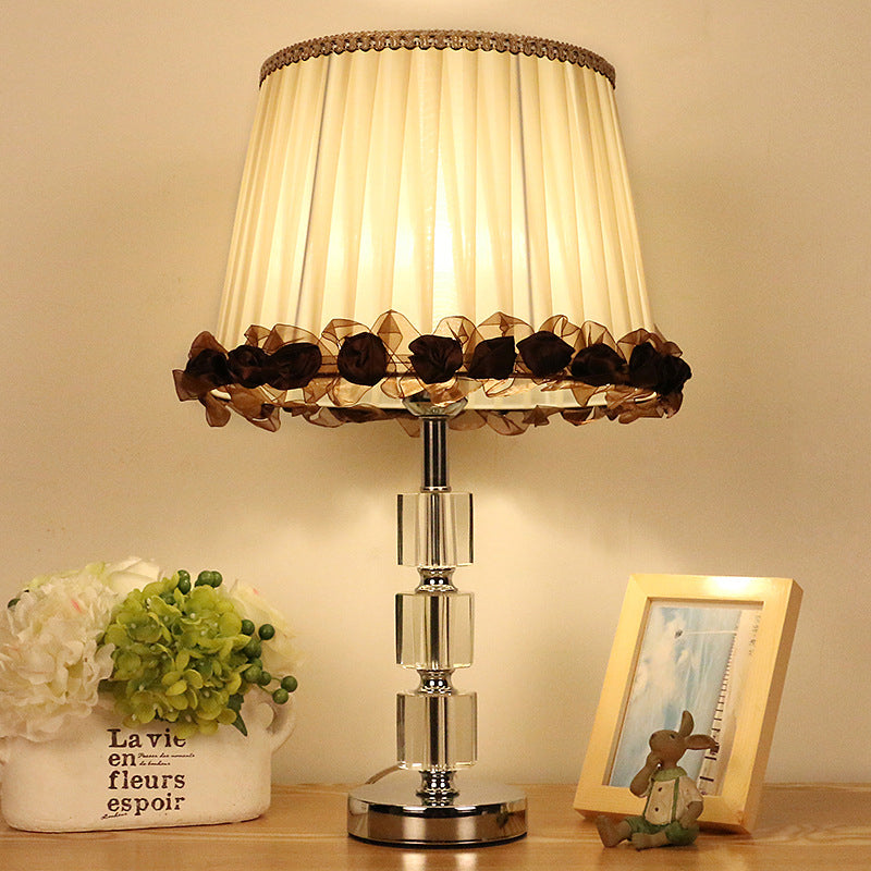 Beveled Crystal Barrel Nightstand Light Minimalism 1 Bulb Beige Table Lamp with Braided Trim