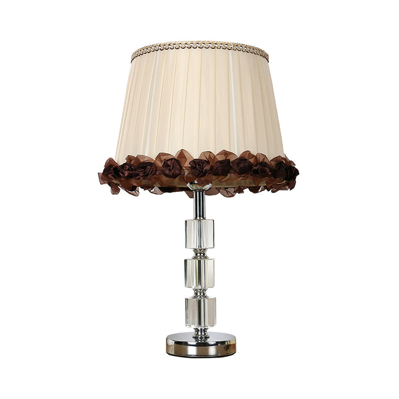 Beveled Crystal Barrel Nightstand Light Minimalism 1 Bulb Beige Table Lamp with Braided Trim