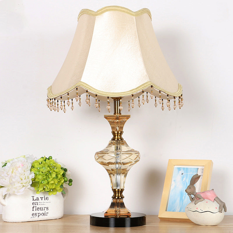 Beige Paneled Bell Nightstand Lamp Modern 1 Light Faceted Crystal Night Lighting with Vase-Shaped Base