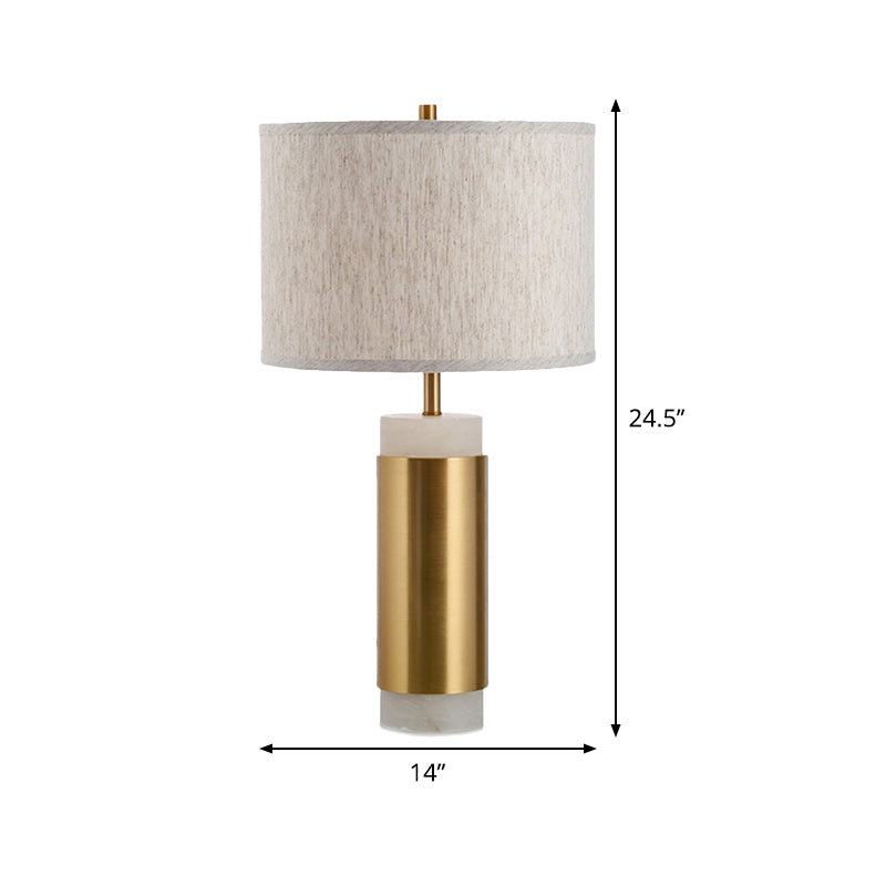 Fabric Drum Night Table Lamp Simplicity 1 Head Flaxen Metal Nightstand Lighting for Bedroom