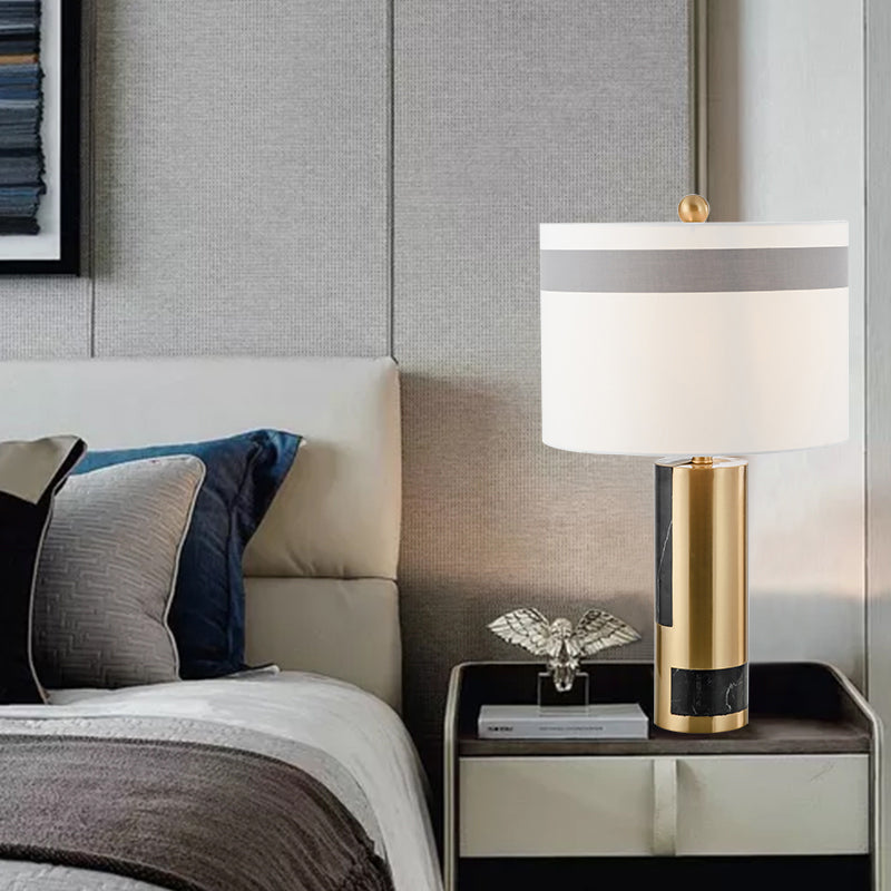 Contemporary 1-Head Table Lamp White Drum Metal Night Lighting with Fabric Shade for Bedroom