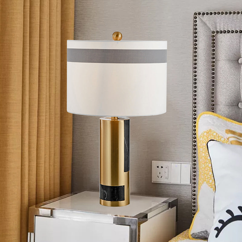 Contemporary 1-Head Table Lamp White Drum Metal Night Lighting with Fabric Shade for Bedroom