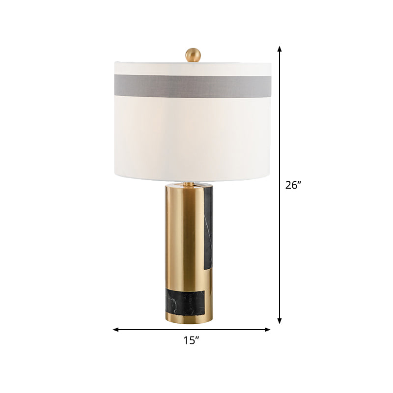 Contemporary 1-Head Table Lamp White Drum Metal Night Lighting with Fabric Shade for Bedroom