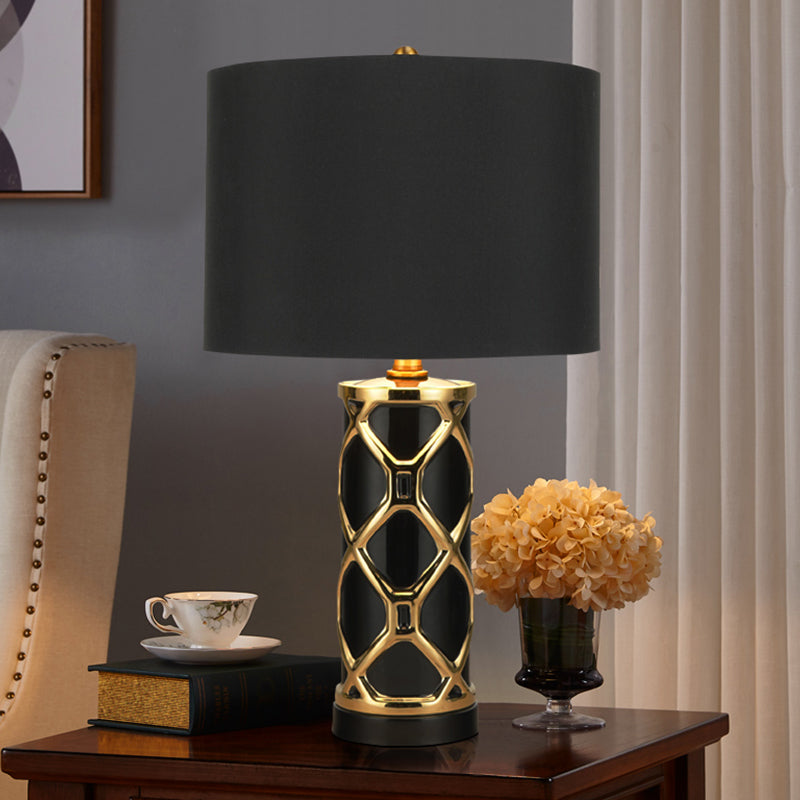 13"/15" W Fabric Cylinder Night Table Lamp Postmodern 1 Light White/Black Metal Nightstand Light for Bedroom