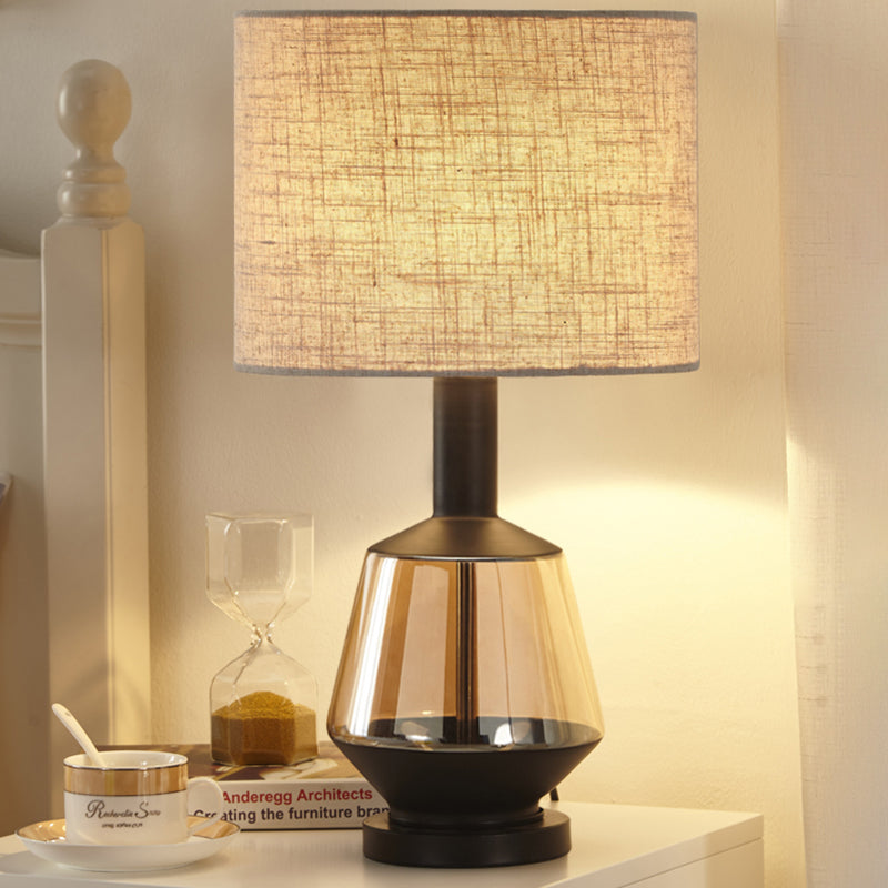 White/Beige Cylinder Fabric Nightstand Light Modern 1 Head Amber Glass Night Table Lamp for Living Room