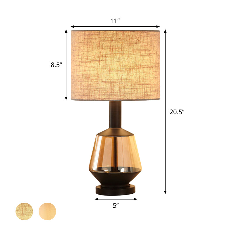 White/Beige Cylinder Fabric Nightstand Light Modern 1 Head Amber Glass Night Table Lamp for Living Room