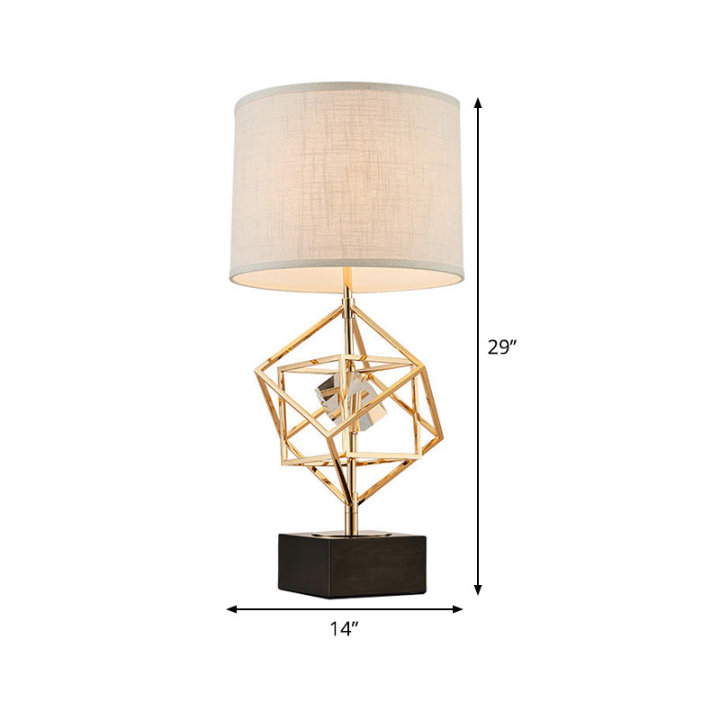 1-Head Bedroom Nightstand Lamp Luxury Gold Fabric Night Table Light with Square Stone Pedestal