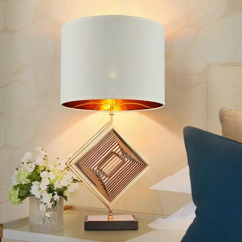 Metal Square Night Table Light Modern 1 Bulb White Nightstand Lighting with Drum Fabric Shade