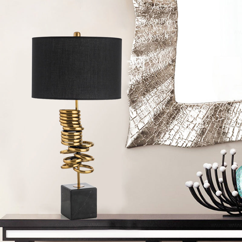 Drum Living Room Table Lighting Marble 1-Head Post-Modern Night Lamp in Black with Fabric Shade