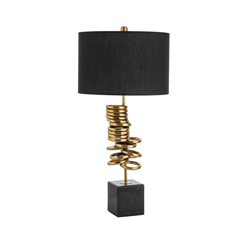 Drum Living Room Table Lighting Marble 1-Head Post-Modern Night Lamp in Black with Fabric Shade