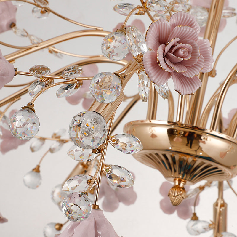 Luxury Crystal Chandelier Rural Ceramic Flower Sala de estar colgando Luz en rosa