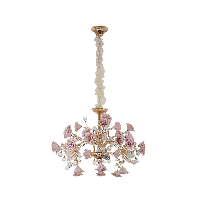 Luxury Crystal Chandelier Rural Ceramic Flower Living Room Hanging Light in Pink