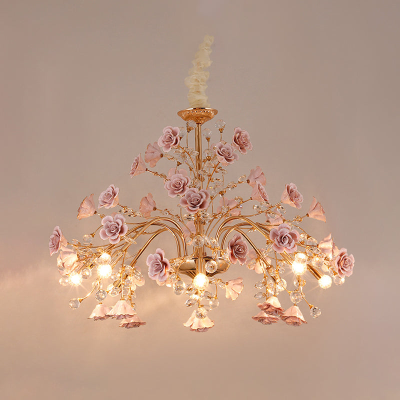 Luxury Crystal Chandelier Rural Ceramic Flower Living Room Hanging Light in Pink