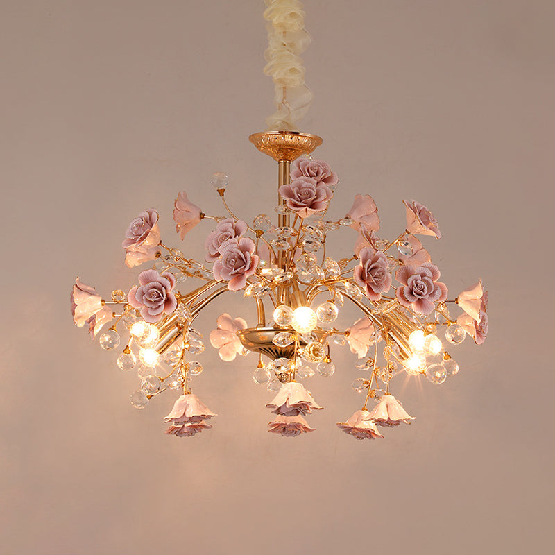 Luxury Crystal Chandelier Rural Ceramic Flower Living Room Hanging Light in Pink