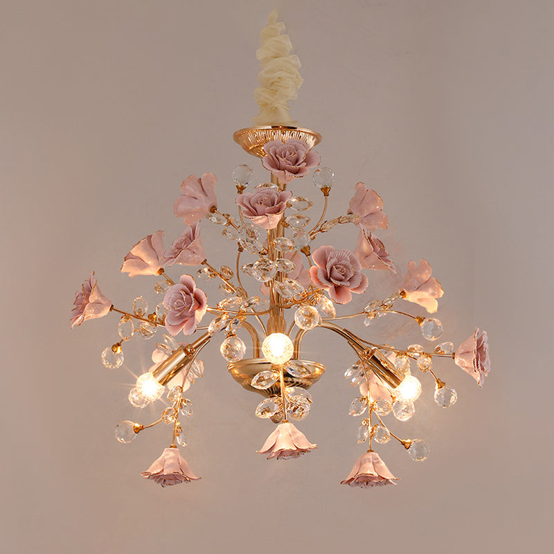 Luxury Crystal Chandelier Rural Ceramic Flower Living Room Hanging Light in Pink