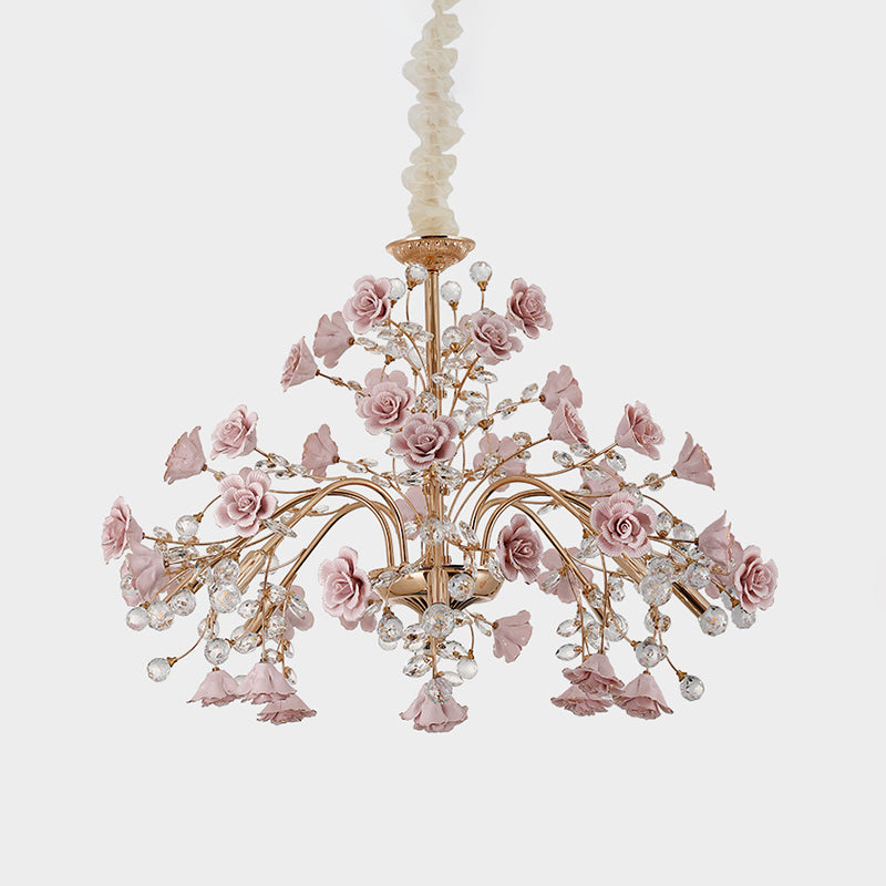 Luxury Crystal Chandelier Rural Ceramic Flower Sala de estar colgando Luz en rosa