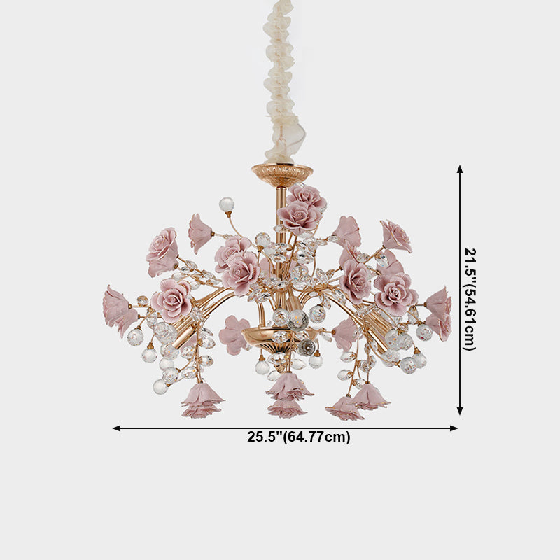 Luxury Crystal Chandelier Rural Ceramic Flower Sala de estar colgando Luz en rosa