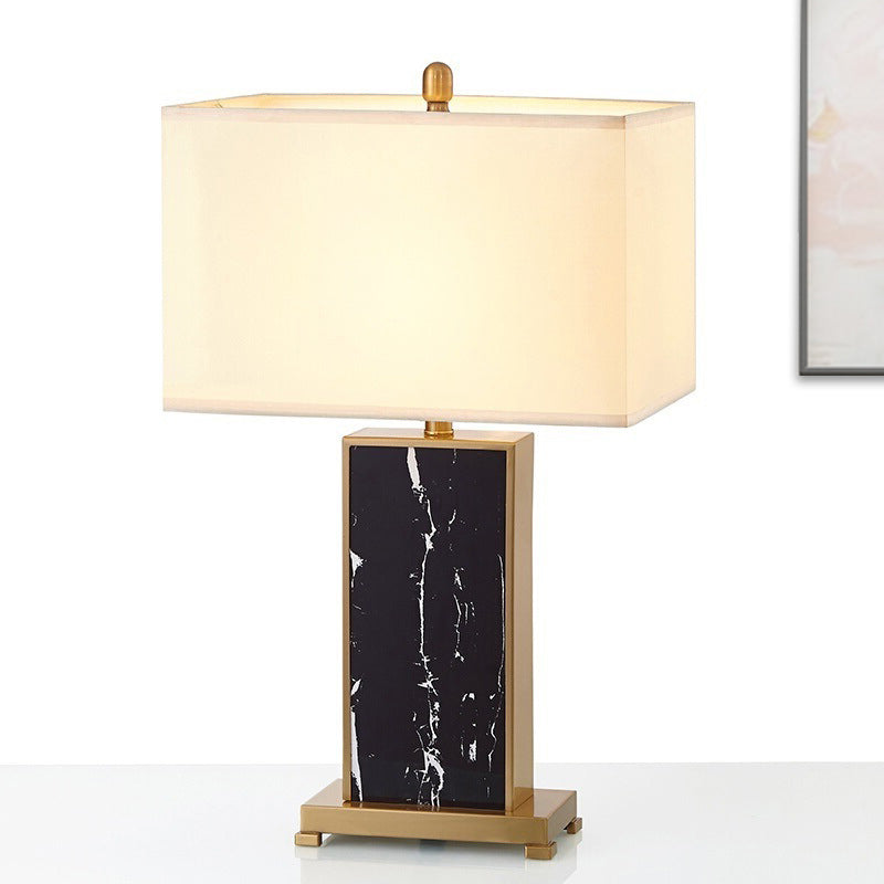 1-Bulb Living Room Table Lamp Luxury Black Fabric Nightstand Light with Rectangle Stone Base