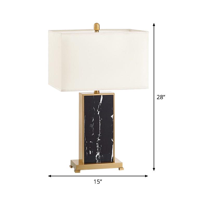 1-Bulb Living Room Table Lamp Luxury Black Fabric Nightstand Light with Rectangle Stone Base