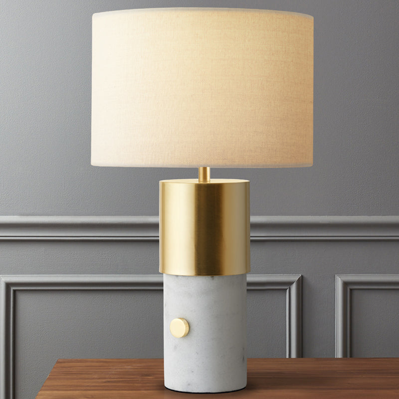 Nordic 1-Light Night Lamp White Column Marble Table Lighting with Drum Fabric Shade for Bedroom