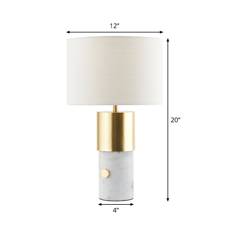 Nordic 1-Light Night Lamp White Column Marble Table Lighting with Drum Fabric Shade for Bedroom