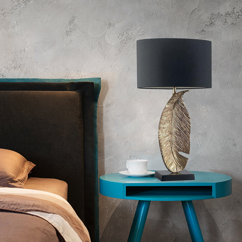 1-Light Bedroom Night Lighting Post-Modern Black Fabric Table Lamp with Leaf-Shaped Metal Base