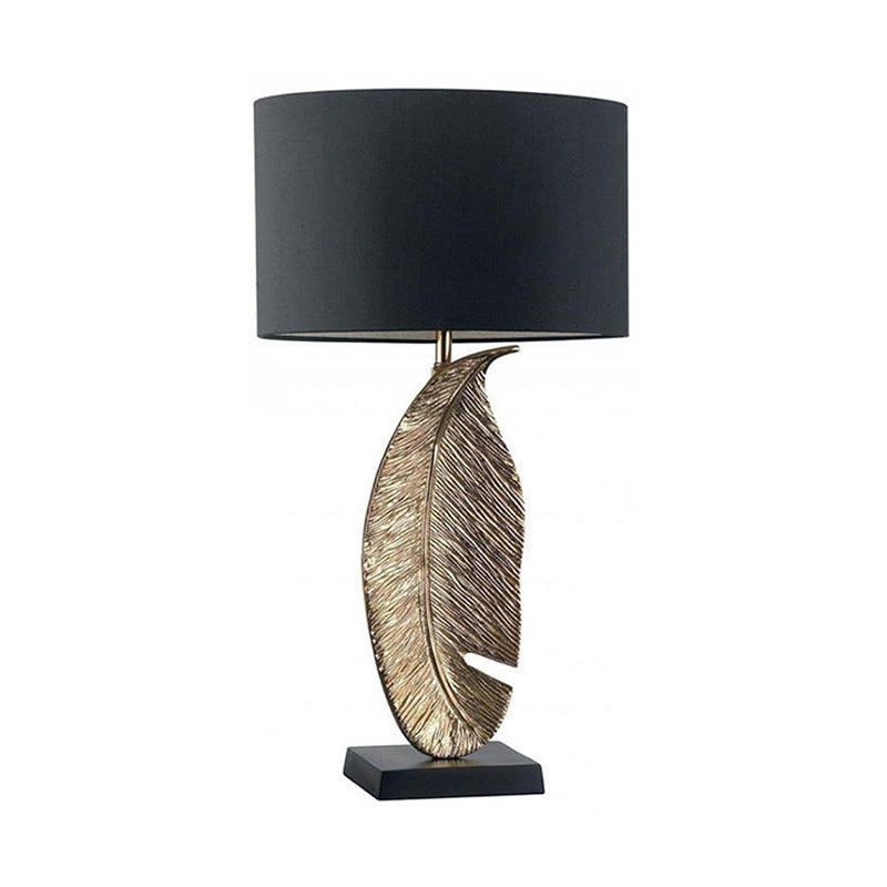 1-Light Bedroom Night Lighting Post-Modern Black Fabric Table Lamp with Leaf-Shaped Metal Base