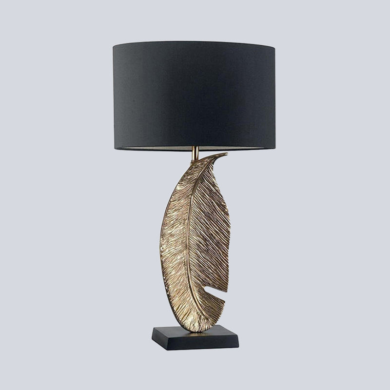 1-Light Bedroom Night Lighting Post-Modern Black Fabric Table Lamp with Leaf-Shaped Metal Base