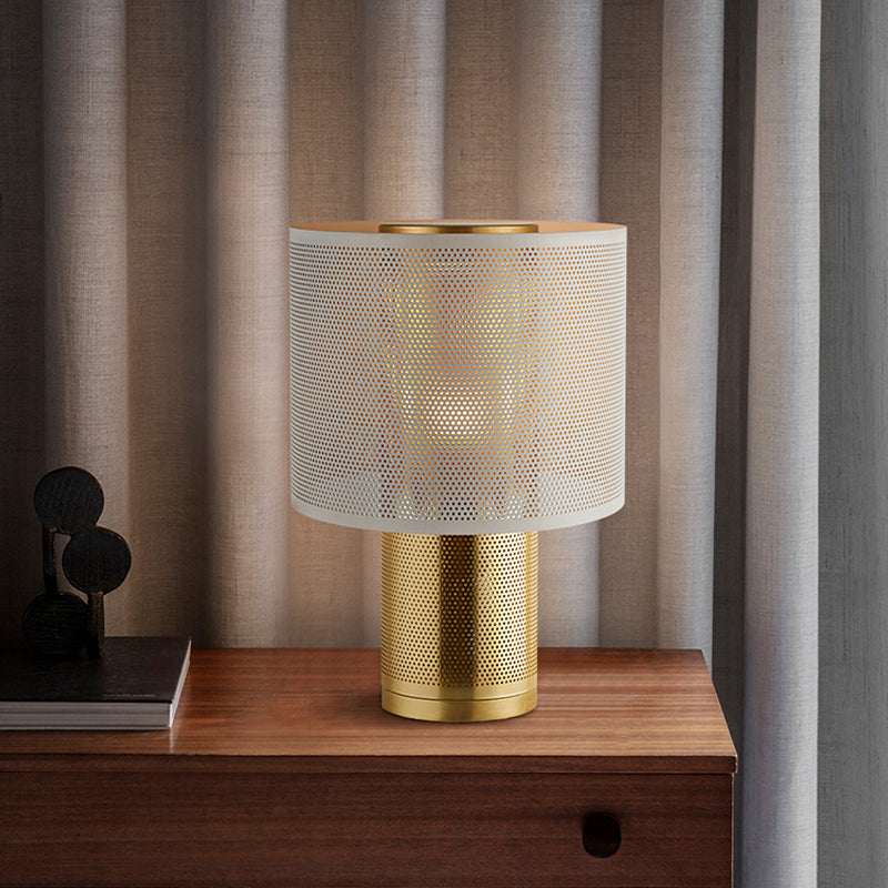 Minimalism 1-Light Night Lamp White Cylinder Nightstand Lighting with Metal Shade for Bedroom