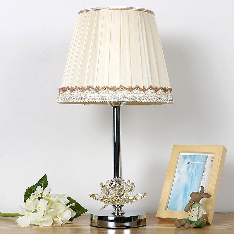 Modern 1-Bulb Night Lighting White Conical Nightstand Lamp with Lotus Shaped Crystal