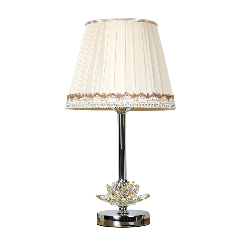 Modern 1-Bulb Night Lighting White Conical Nightstand Lamp with Lotus Shaped Crystal