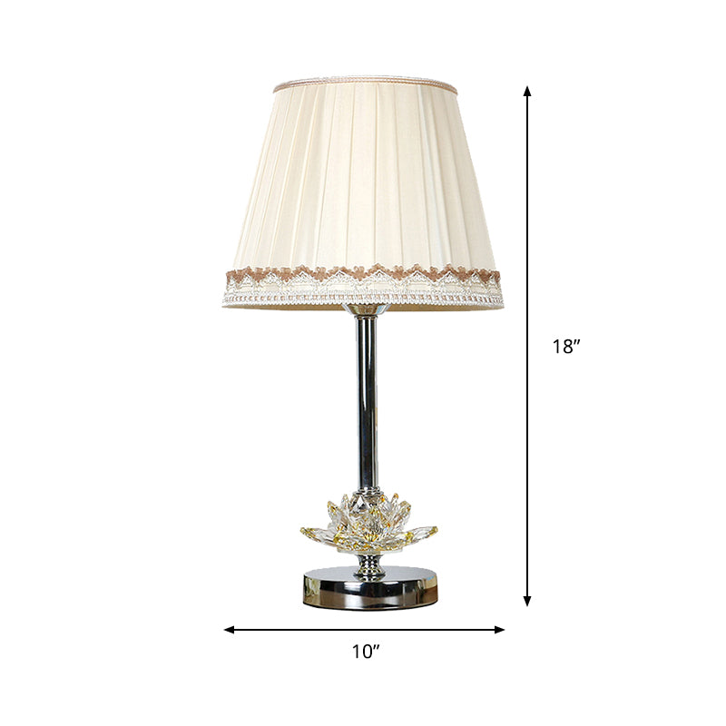 Modern 1-Bulb Night Lighting White Conical Nightstand Lamp with Lotus Shaped Crystal