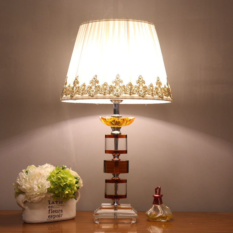 1-Head Bedroom Nightstand Lamp Modern Beige Night Lighting with Rectangle-Cut Crystal