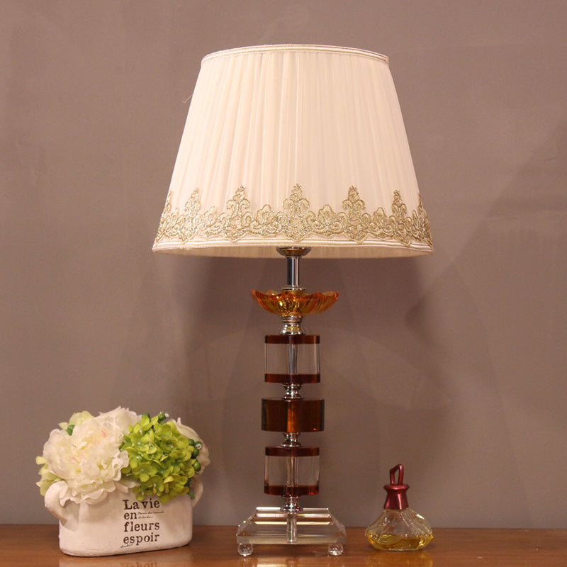 1-Head Bedroom Nightstand Lamp Modern Beige Night Lighting with Rectangle-Cut Crystal