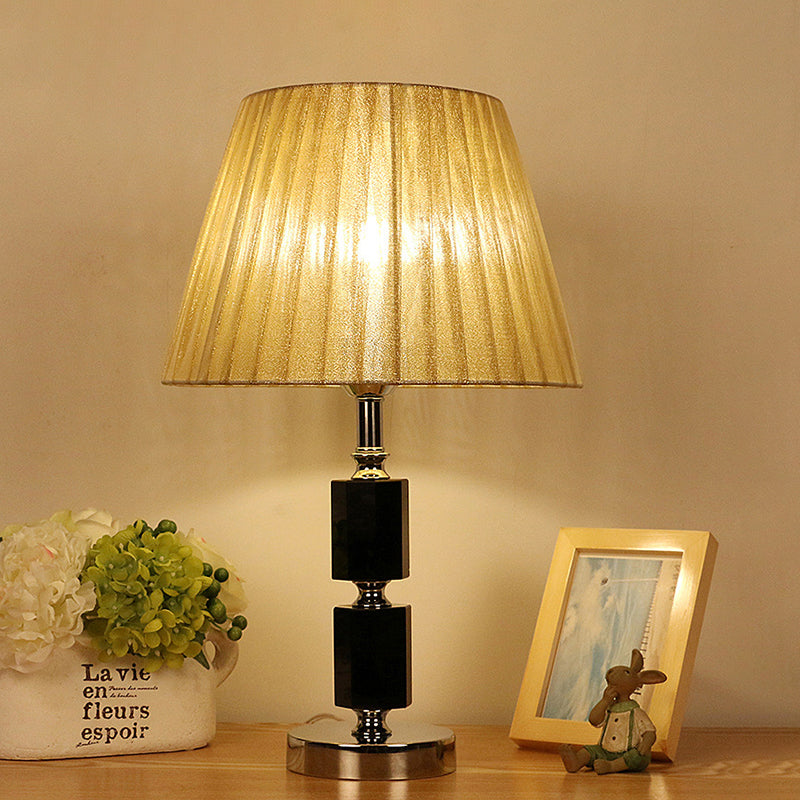 Crystal Pleated Shade Table Lamp Simplicity 1-Light Night Lighting in Beige for Bedroom