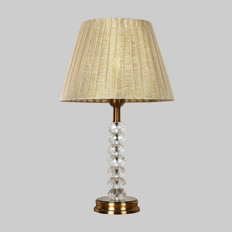 Beige Pleated Lampshade Table Lighting Simple 1 Bulb Faceted Crystal Night Lamp for Living Room