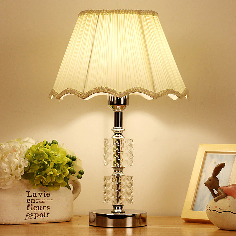 Contemporary 1-Bulb Nightstand Lighting Beige Scalloped Crystal Night Lamp with Fabric Shade