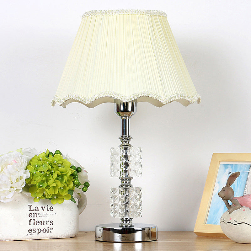 Contemporary 1-Bulb Nightstand Lighting Beige Scalloped Crystal Night Lamp with Fabric Shade