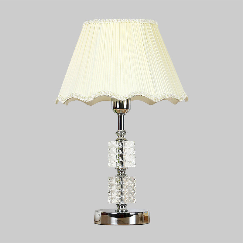 Contemporary 1-Bulb Nightstand Lighting Beige Scalloped Crystal Night Lamp with Fabric Shade