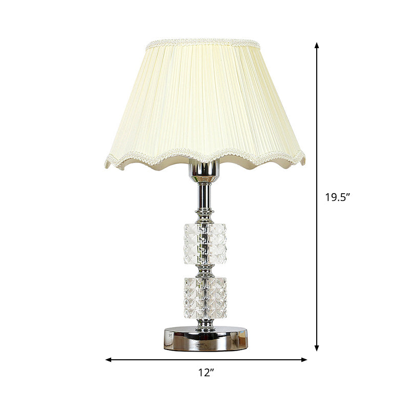 Contemporary 1-Bulb Nightstand Lighting Beige Scalloped Crystal Night Lamp with Fabric Shade