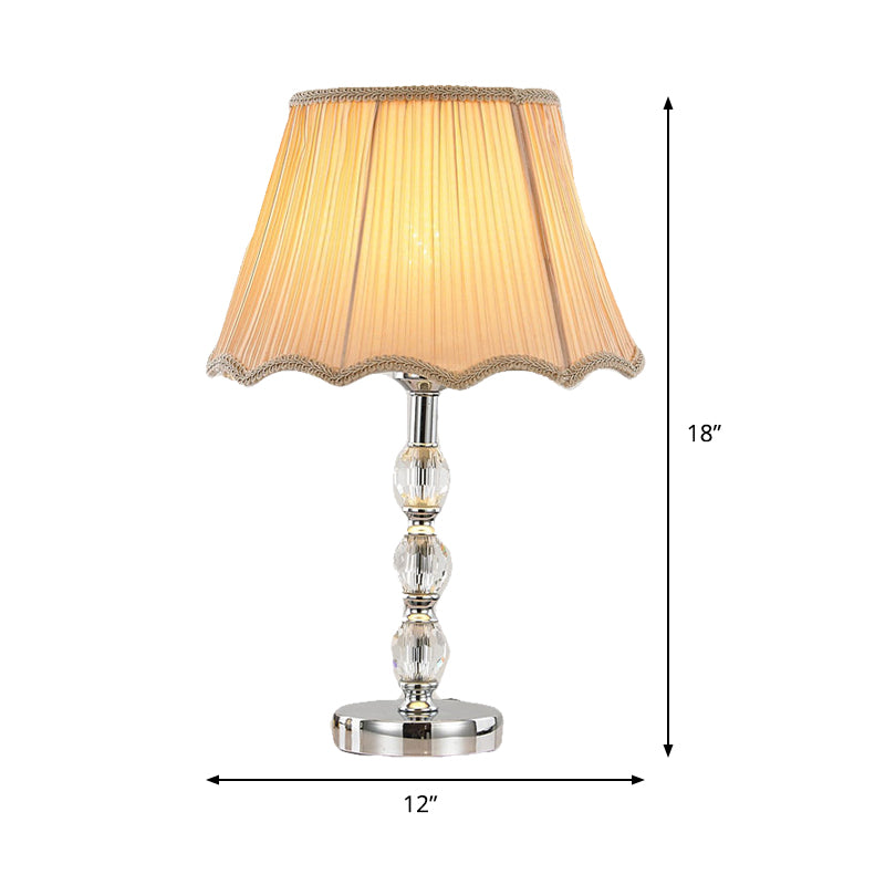 1-Head Bedroom Crystal Table Light Minimalism Beige Nightstand Lamp with Bell Fabric Shade